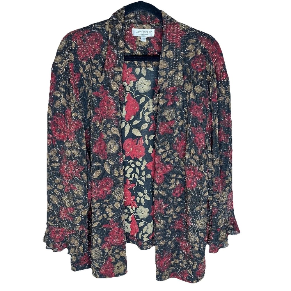 Lady Dorby Top Women 24W Cardigan Jacket Red Black Gold Sparkle Floral Artsy